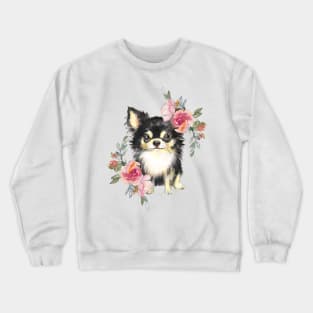 Cute Chihuahua Puppy Dog with Flowers Watercolor Art Crewneck Sweatshirt